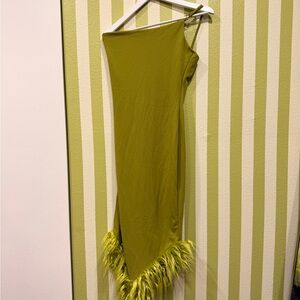One-Shoulder Green Dress with Feather Trim